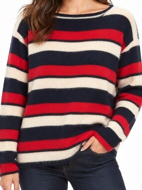 Tory Burch 100% Baby Alpaca Striped Sweater Navy Red Cream Large